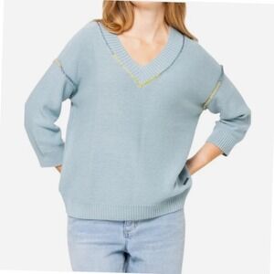 Peace Love World Boheme Collection Blue Cotton V-Neck Whipstitch Sweater L